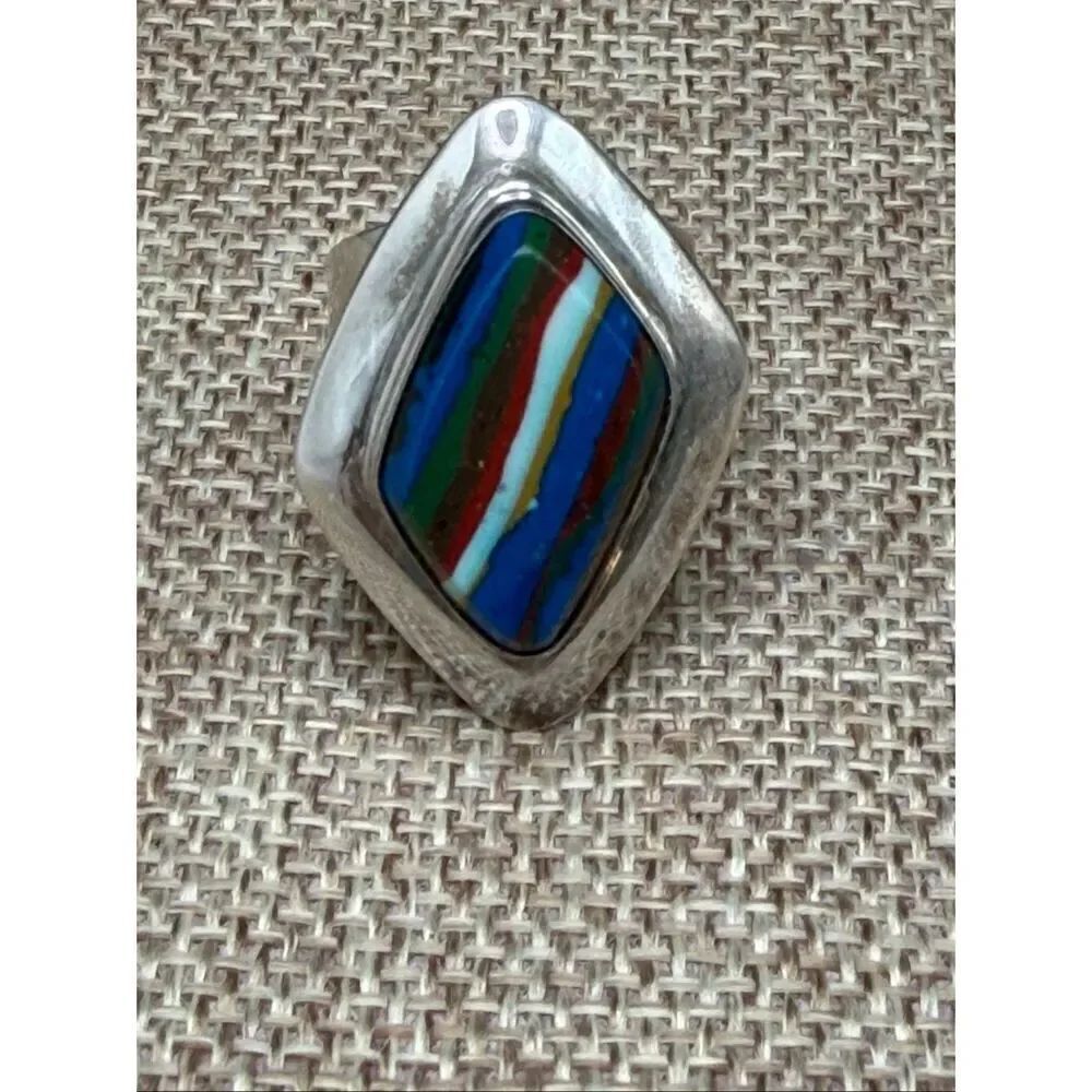 Sterling Silver Multi-Color Inlay Ring – Bold Modernist Statement, Size 7